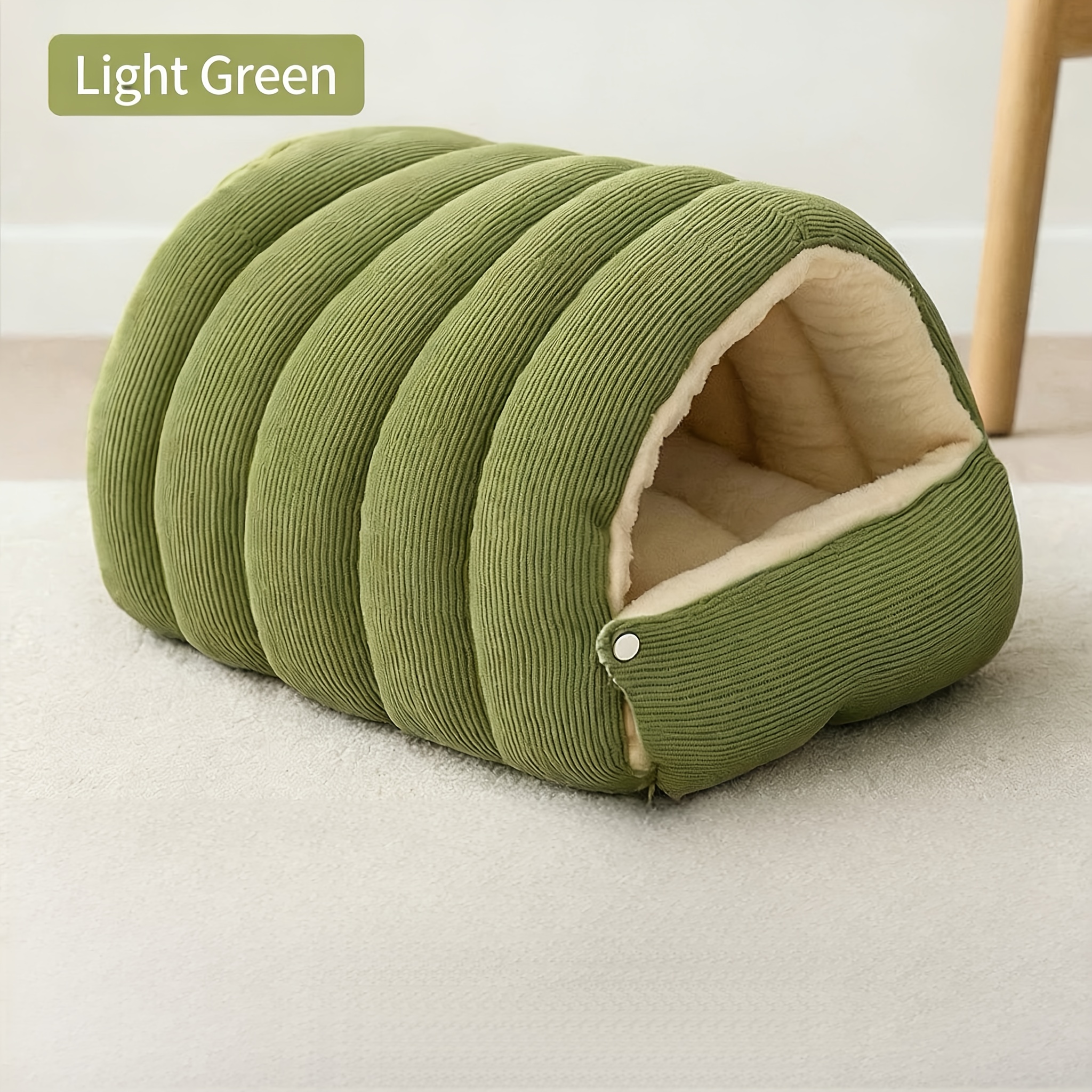 High-Elasticity Warm Cat Bed: 57×37×28cm Wrapped Design, Striped Fleece + Arctic Fleece Heat Retention, Removable & Washable(light GREEN)