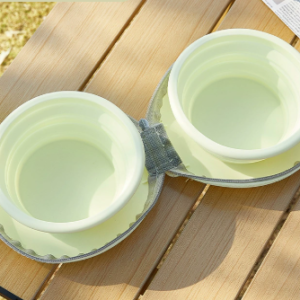 Light Yellow Portable Collapsible Double Pet Bowls for Dogs and Cats - 2x 450ml Food Grade Silicone Travel Feeder with Zippered Paw Carrying Case