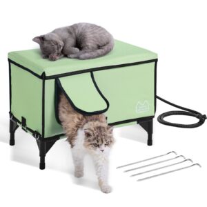 VEVOR Elevated Heated Cat House, Cuboid Kitty Shelter with Adjustable Temperature and Timer, 900D Oxford Cloth Foldable Cat Shelter with Heated Pad  for Winter to Stay Warm and Cozy, Green (Middle)