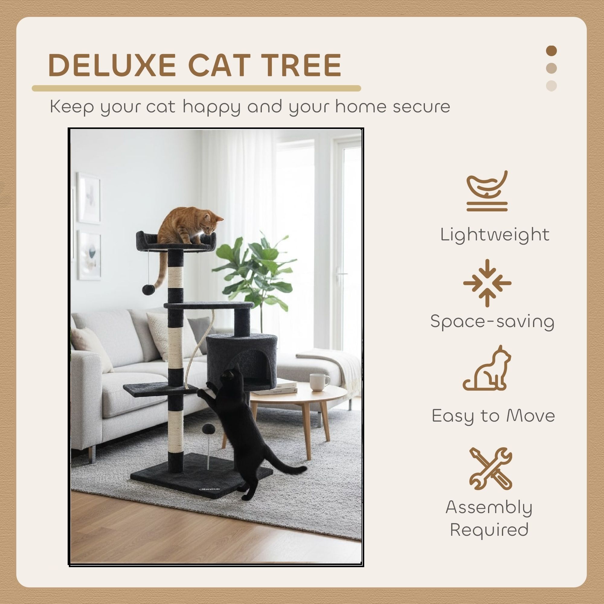 CARLA HOME 140cm Cat Tree for Indoor Cats with Plush Perch, Sisal Scratching Posts & Condo for Kittens & Adult Cats (Dark Grey) - Image 4