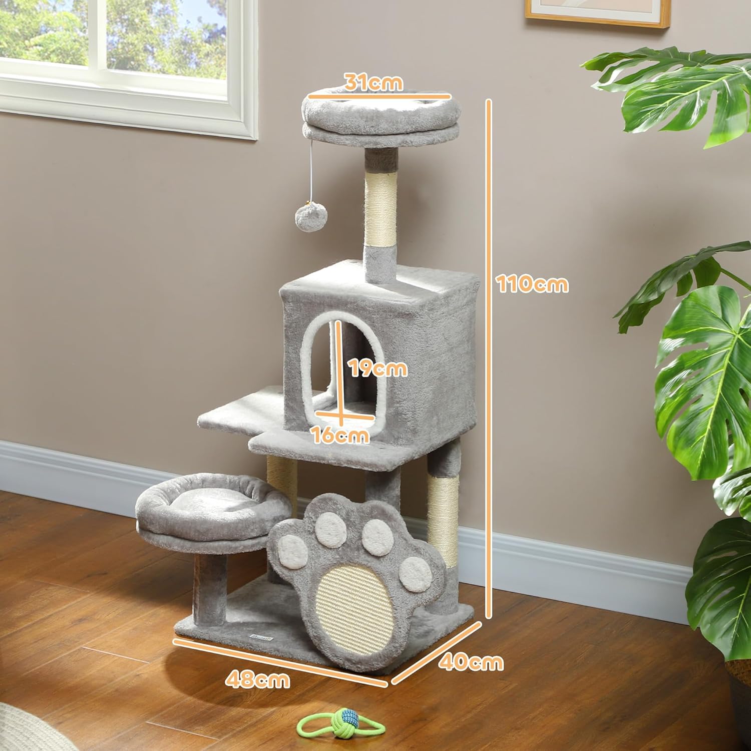 CARLA HOME Large Cat Tree Tower for Indoor Cats with Plush Perch, Cat Condo, Natural Sisal Scratching Posts, Hanging Ball & Paw Scratcher - Image 3