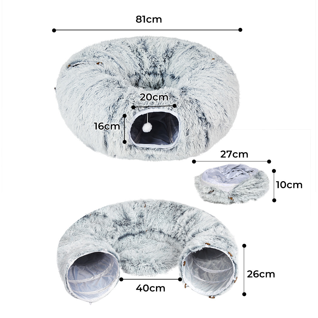 Pawz Cat Tunnel Foldable Fluffy Plush Play Tube Grey - Image 3